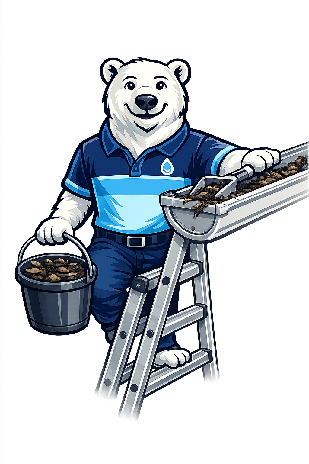 Mascot clearing debris from a gutter