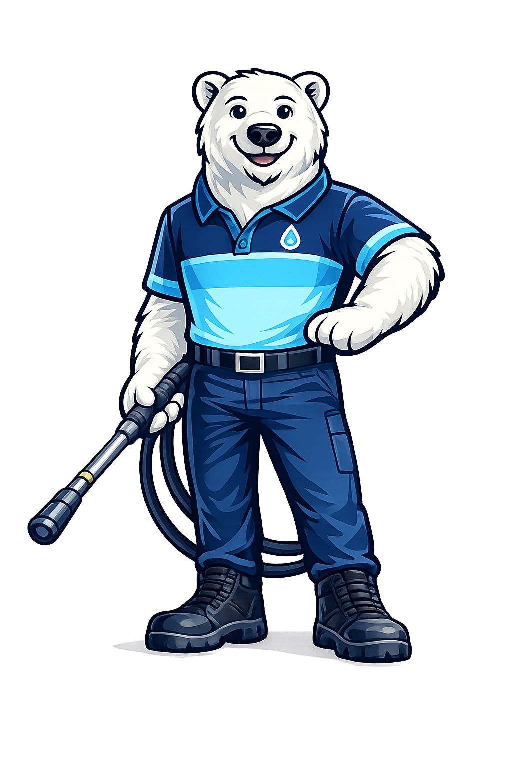 Ideal Pro polar bear mascot in uniform holding a pressure washer