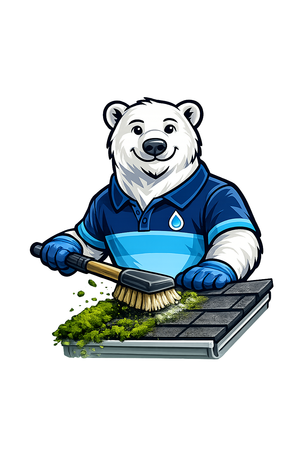 Mascot removing moss from roof shingles