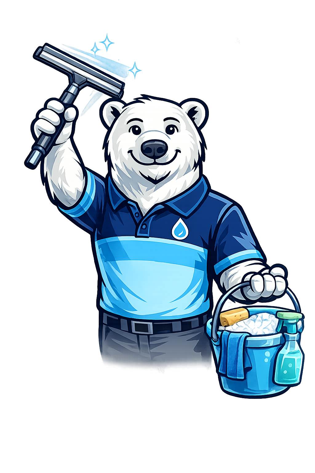Mascot cleaning a window with a squeegee