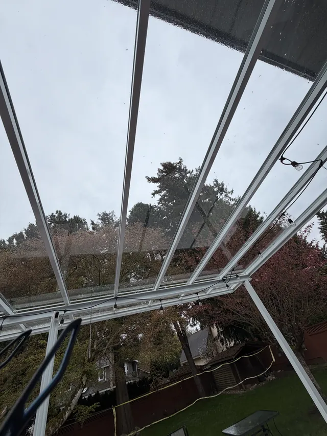 Glass canopy with a clearer view through the panels after cleaning.