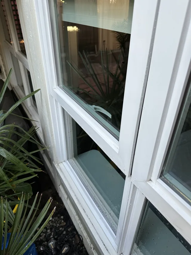 Detail of the exterior window glass and white frame.