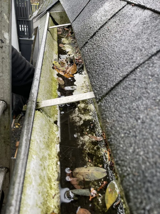 Before cleaning: gutter channels cleared around a red-sided home.