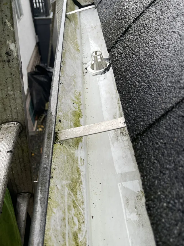 After cleaning: gutter channels cleared around a red-sided home.