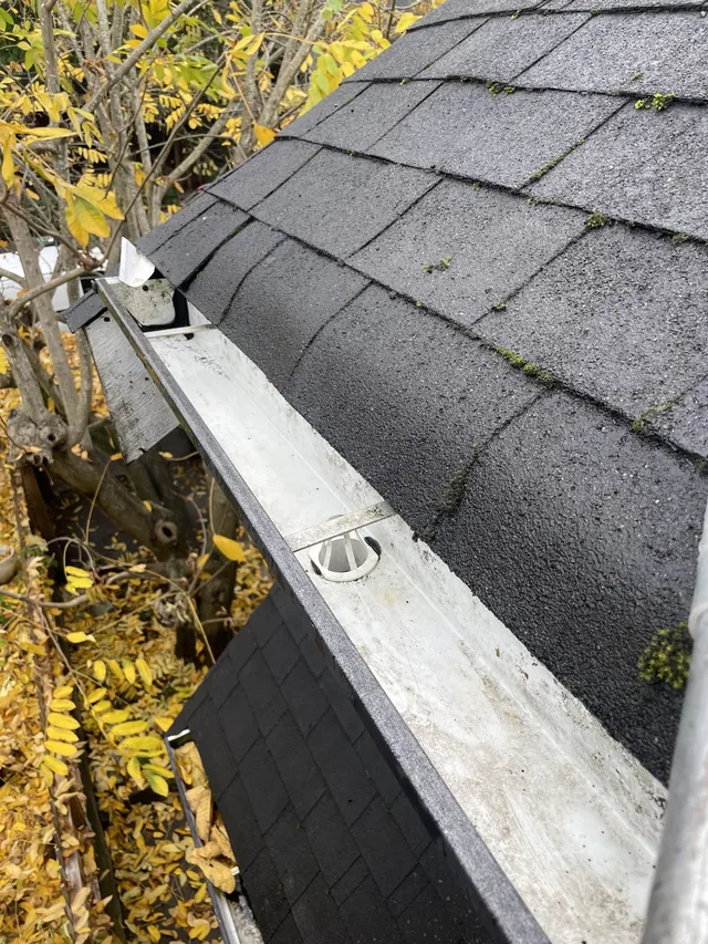 After cleaning: gutter channels cleared around a red-sided home.