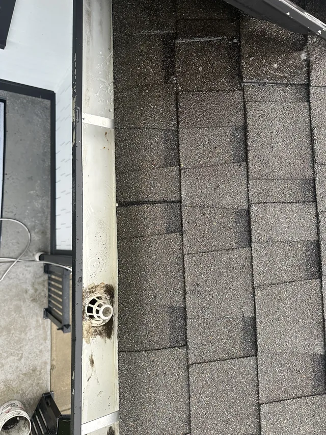 After cleaning: gutter debris removal around a white-sided home.