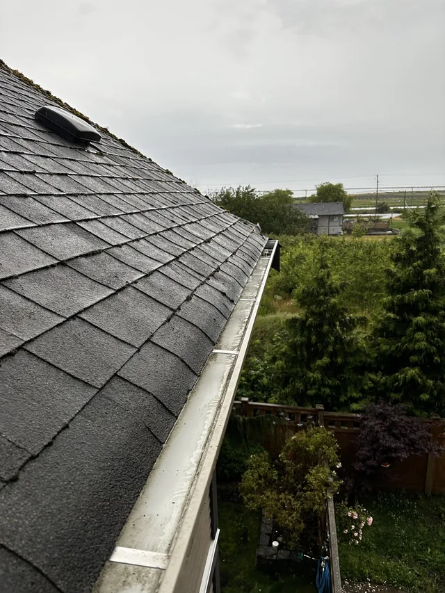 After cleaning: debris cleared from long gutter runs.